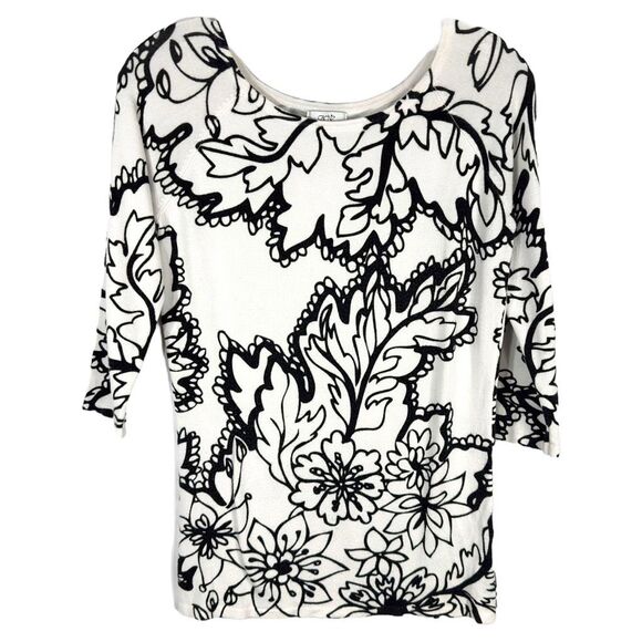Cache Small Top‎ Knit Black White Floral Outline Half Sleeve Sweater Stretch 996 - Picture 1 of 10